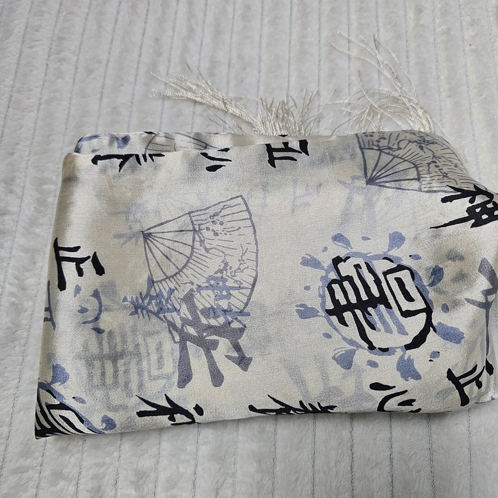 Silk Scarf Unisex Cream Black Calligraphy Fan Print Fringe Wrap Neutral Academia - Picture 9 of 9